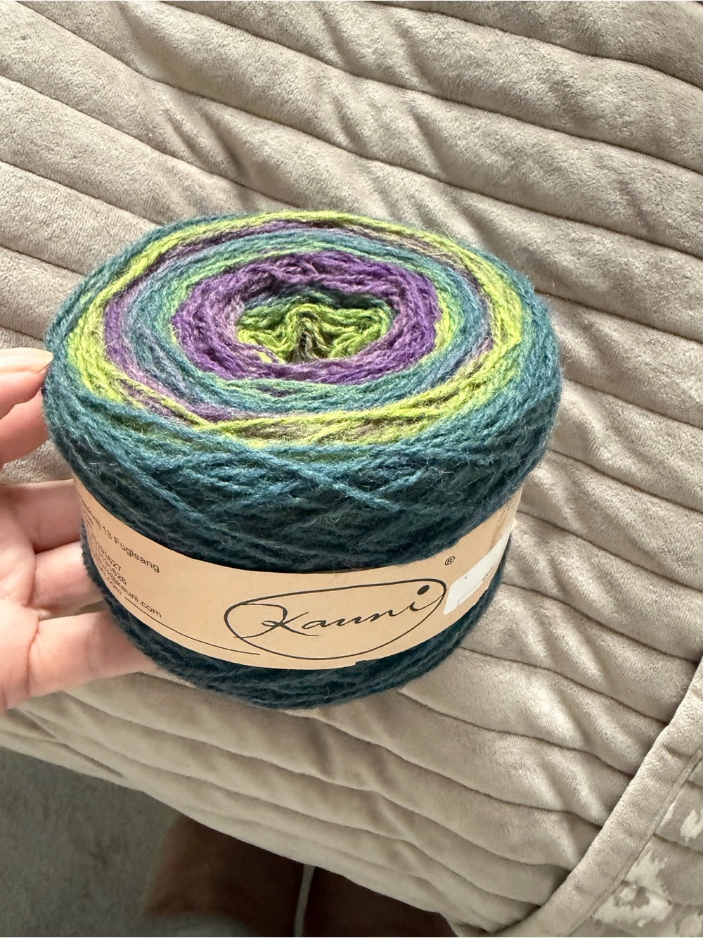 Kauni Multicolor Wool Yarn Cake in Teal, Purple, and Lime
